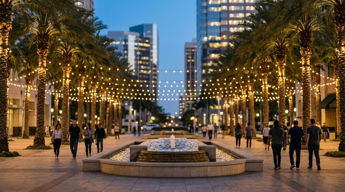 A palm-lined downtown plaza at dusk with string lights and towers behind