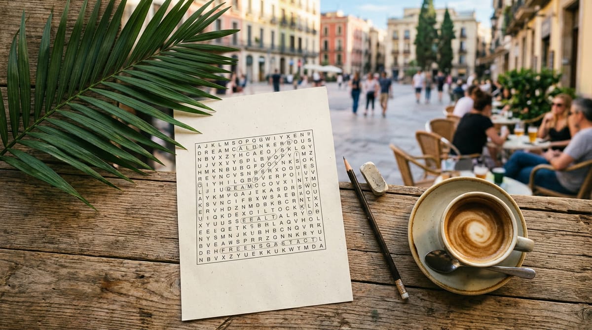 A word search, a pencil, coffee and a palm frond on a café table